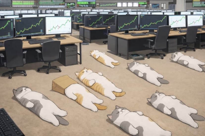 Cats lying flat on a trading floor